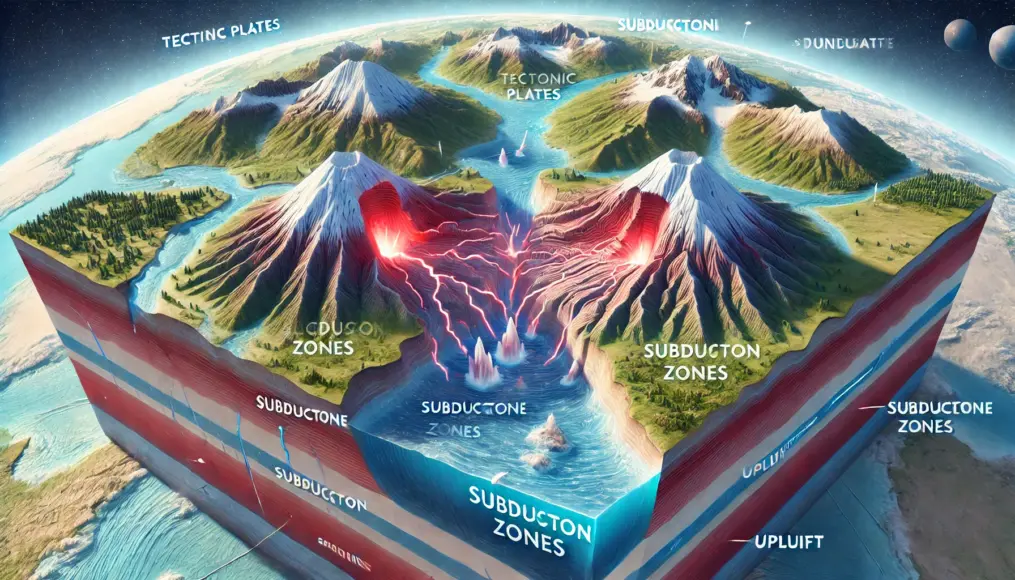 地球のプレートが衝突し新しい地形を形成するプロセスを示すイラスト