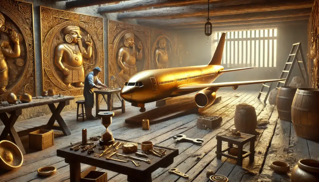 A scene imagining ancient Colombian artisans accidentally creating the Golden Jet's shape in a traditional workshop