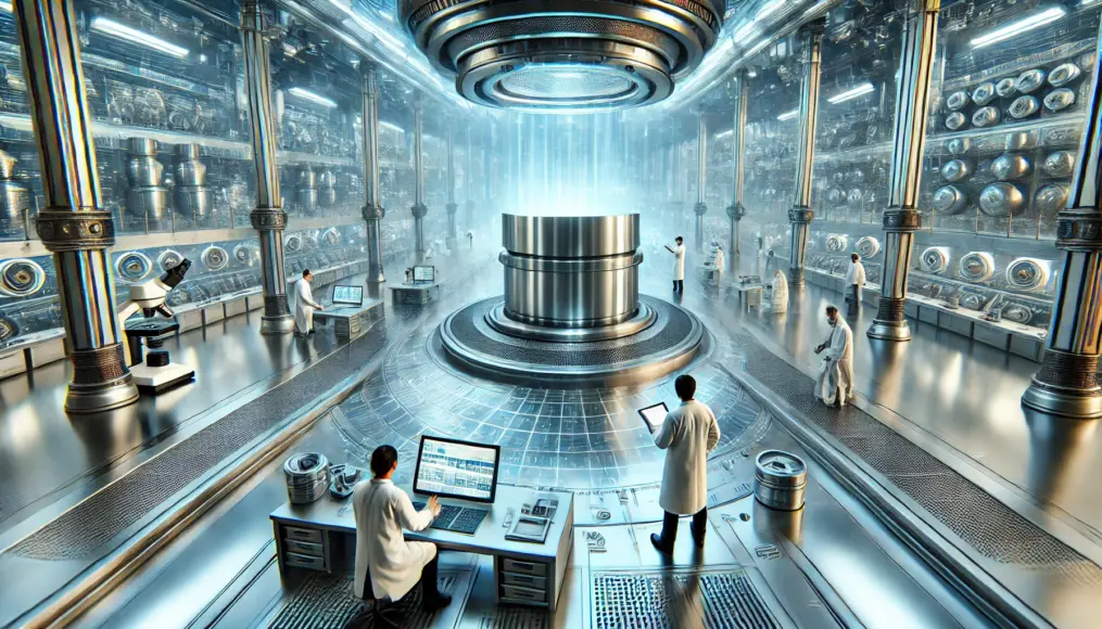 A futuristic research facility where scientists are testing a special metal sample for new technological applications