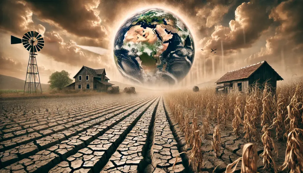 An image depicting the effects of Earth's tilt on agriculture. A dried-up farmland and an abandoned rural village suffering from environmental collapse.