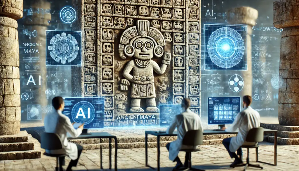 Scene depicting AI analyzing ancient Maya inscriptions, illuminating their meanings