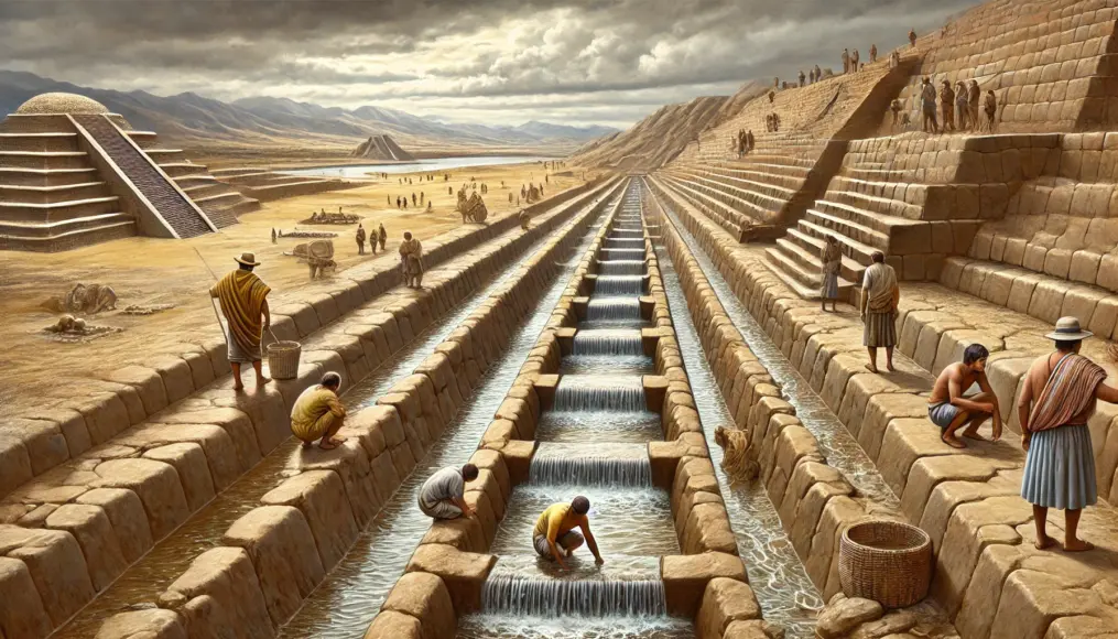 A scene showing ancient people utilizing the drainage system of the Akapana Pyramid, with rainwater flowing visibly