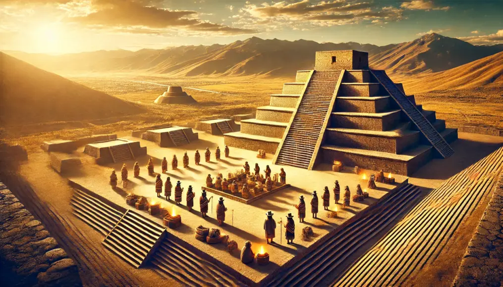 A scene imagining ancient rituals being performed at the summit of the Akapana Pyramid, with the expansive highlands in the background