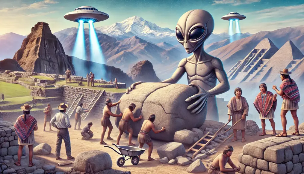 Depiction of the theory that aliens collaborated in constructing Sacsayhuamán. The image shows humans and extraterrestrials working together to move massive stones, with the Andes Mountains in the background.