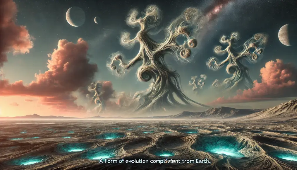 A depiction of an extraterrestrial life form that evolved in an alien atmosphere, representing an entirely different evolutionary pathway from Earth’s life forms.