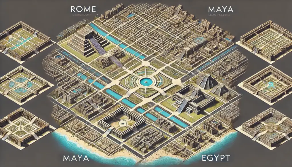 A comparison of city layouts from different civilizations, highlighting the similarities between Roman, Mayan, and Egyptian designs