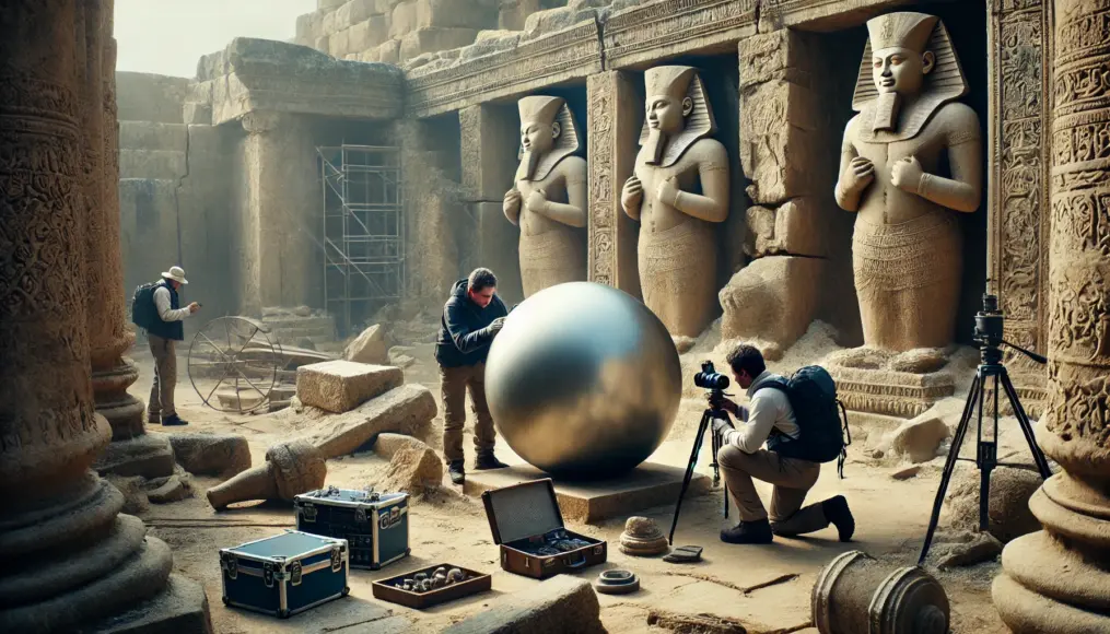 Researchers investigating a metal sphere placed among ancient statues and ruins