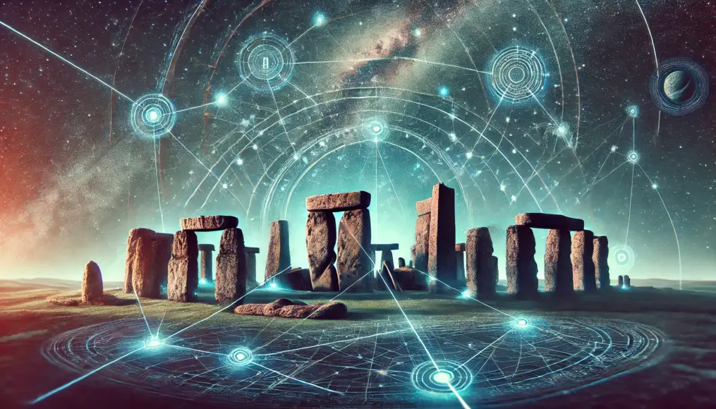 A conceptual illustration linking ancient megalithic structures to unknown advanced entities