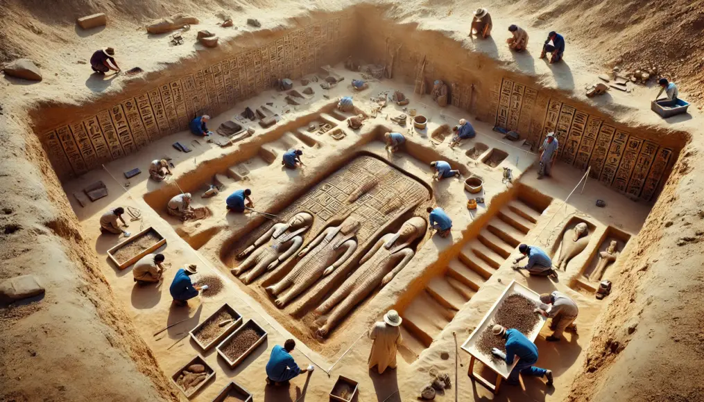 Metal fragments being excavated from an ancient Egyptian tomb. Researchers carefully carry out the excavation work as part of the ruins is revealed