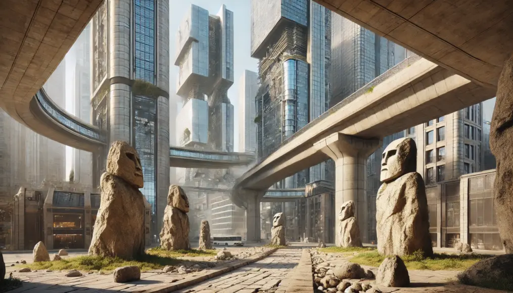 A futuristic vision where ancient and modern construction techniques merge, depicting a world where stone architecture coexists with cutting-edge technology