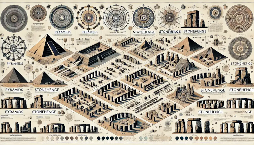 A diagram comparing the structures of various megalithic sites, including pyramids and Stonehenge