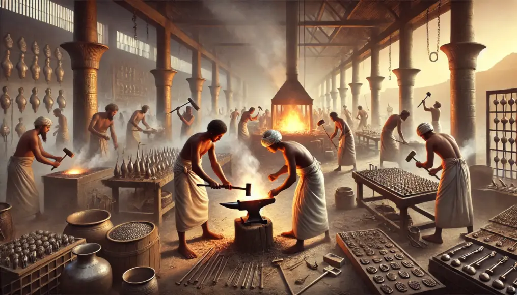 A historical reconstruction of ancient blacksmiths working in a metal workshop