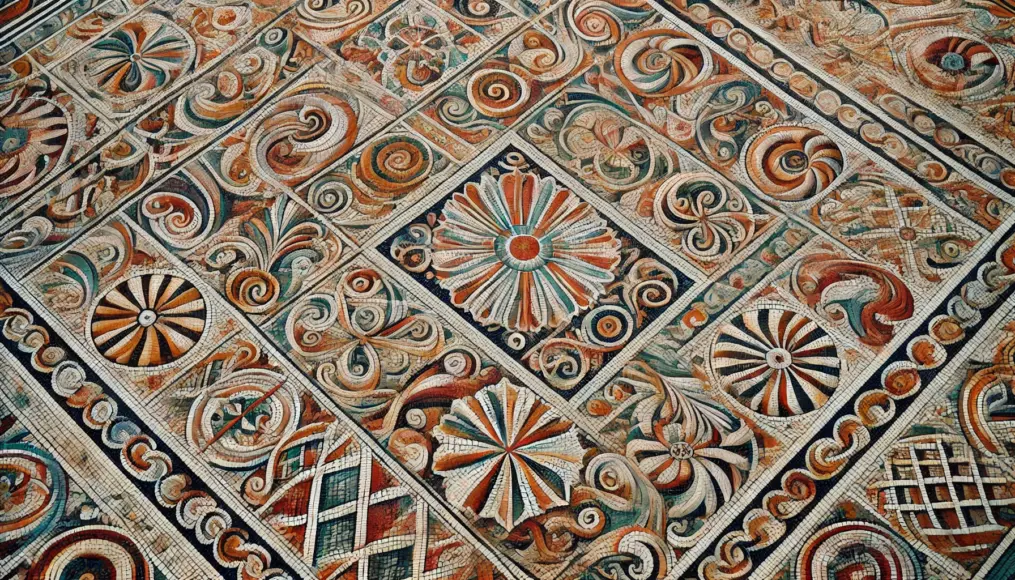 A finely crafted Roman mosaic featuring vivid colors and highly detailed patterns