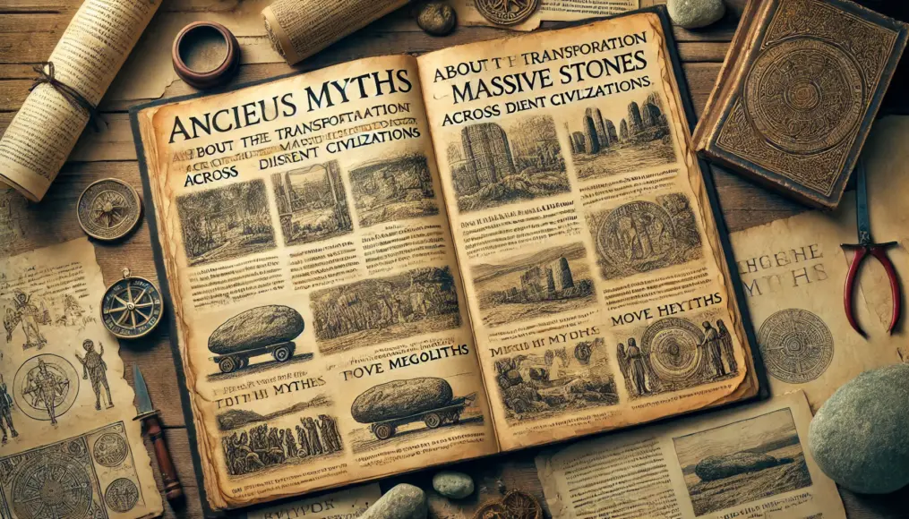 A recreated ancient manuscript summarizing myths from different cultures about moving megaliths