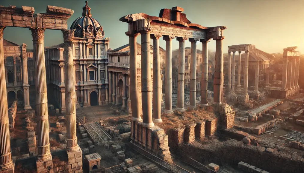 Ancient Roman ruins built with advanced technology. Massive pillars and arches adorned with intricate designs stand tall in a grand cityscape