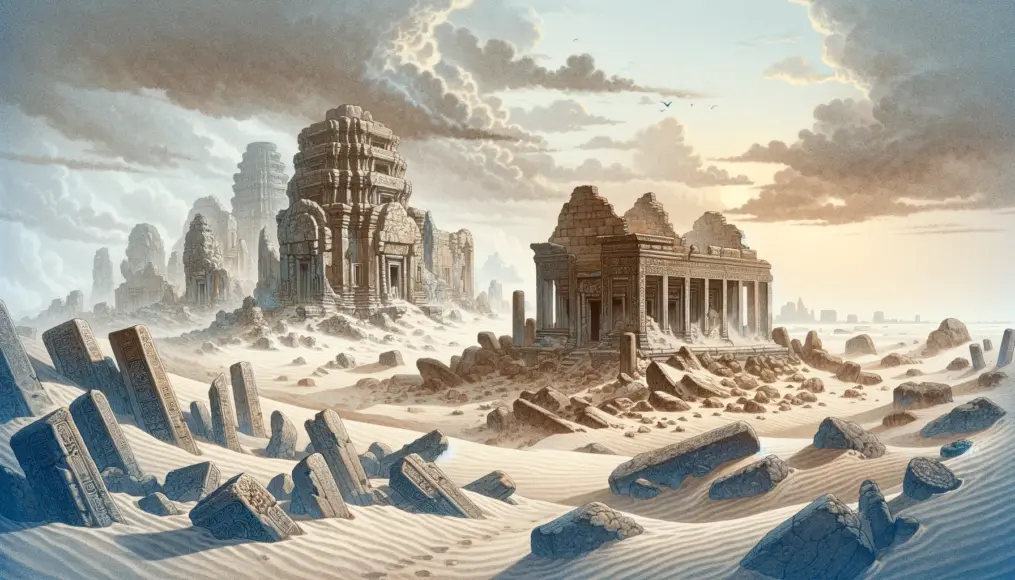 An image depicting ruins of civilizations that collapsed due to climate change. A crumbling temple buried in sand, showcasing the aftermath of severe drought.