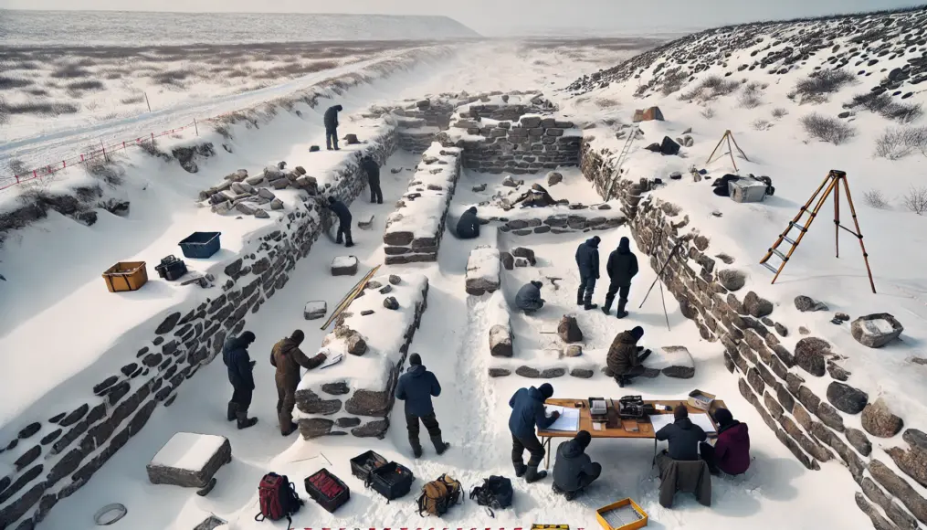 Archaeologists analyzing the foundation of ancient Siberian ruins