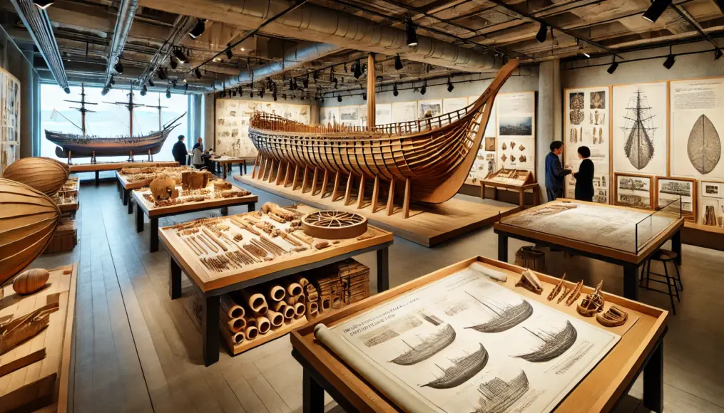 A reconstructed model of ancient shipbuilding techniques displayed in a research facility