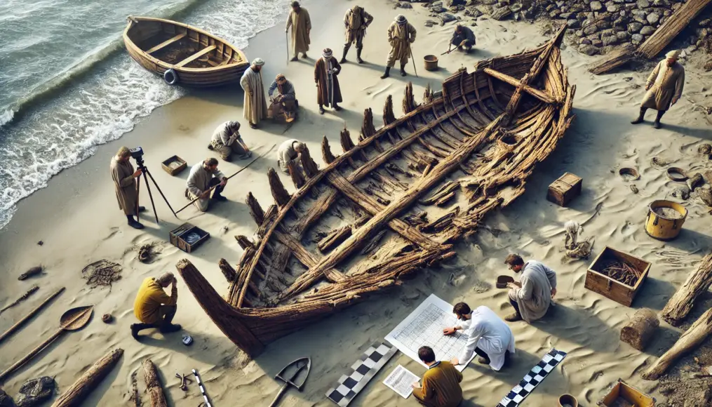 Archaeologists examining ancient shipwood remains on a shoreline, determining its origins