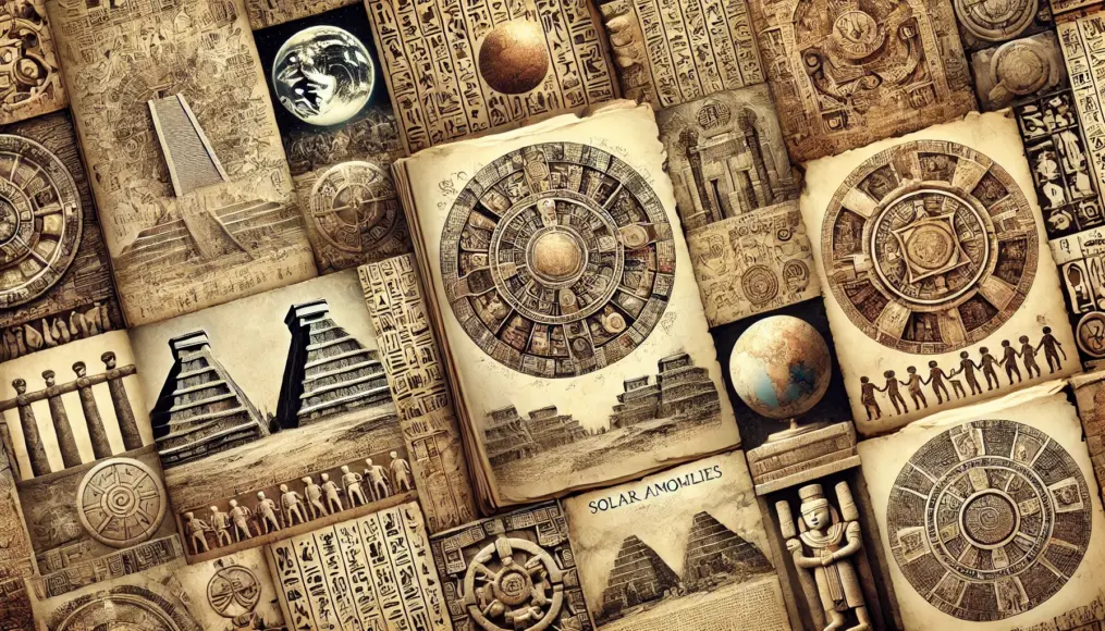 An image depicting records of “solar anomalies” found in various cultures. Different ancient texts are arranged, showing descriptions of significant changes in the sky.