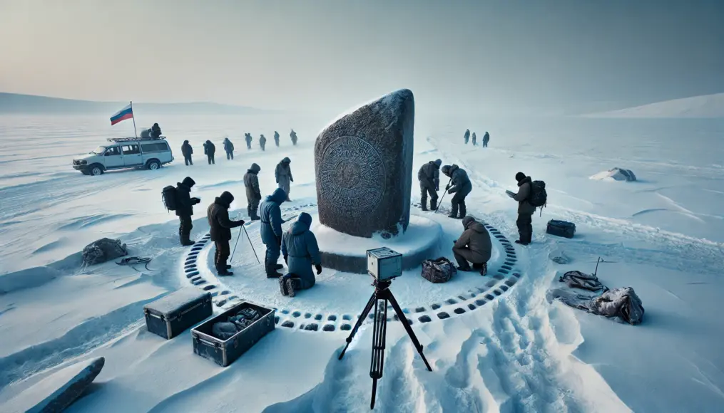 Researchers examining an ancient stone monument in the middle of a vast icy field