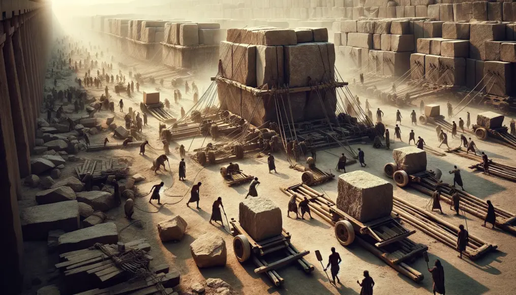 A conceptual illustration of ancient workers transporting massive stones using tools and innovative techniques