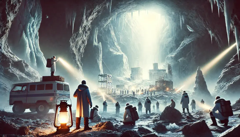 Scientists on the verge of uncovering Antarctica’s greatest mystery. Their expressions reflect both awe and disbelief as the massive underground chamber is finally revealed