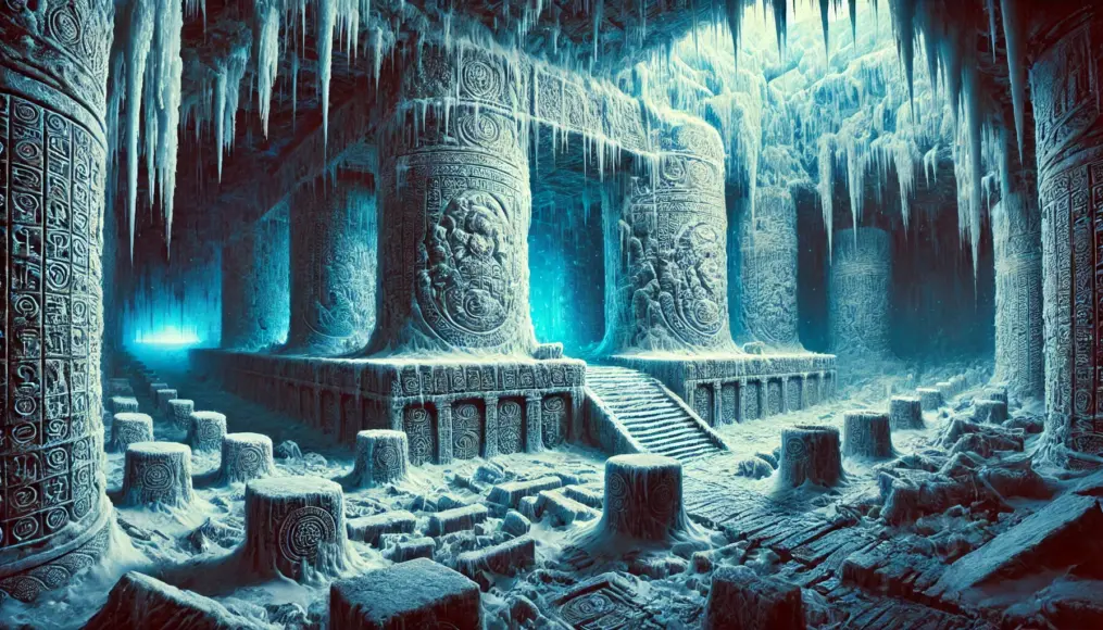 A vision of an ancient civilization frozen beneath Antarctica’s ice. A massive temple-like structure is faintly visible, covered in strange inscriptions