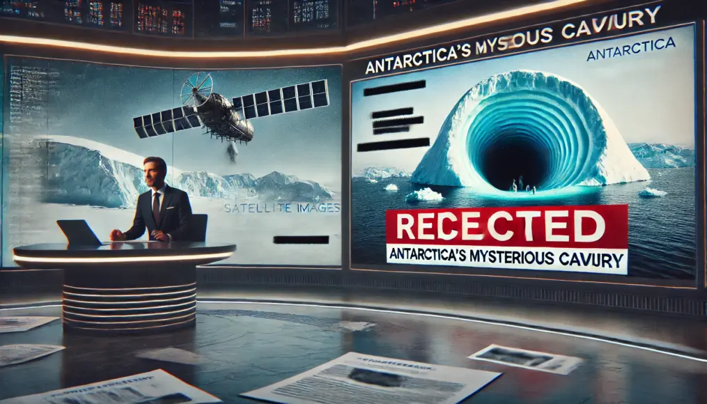 A news broadcast discussing Antarctica’s mysterious cavity, but certain information appears edited or censored