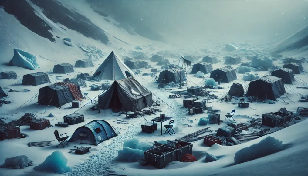 An abandoned research camp in Antarctica, covered in ice. Tattered tents and scattered equipment remain, but the researchers are nowhere to be found