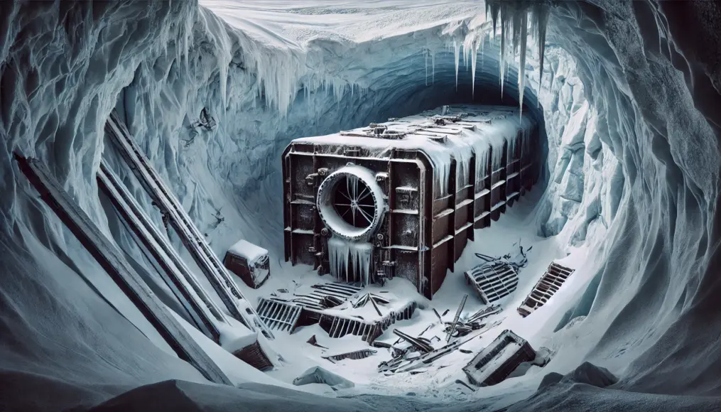 A hidden Nazi base beneath Antarctica’s ice. A metallic structure lies buried deep within a glacial fissure, suggesting remnants of an old military installation