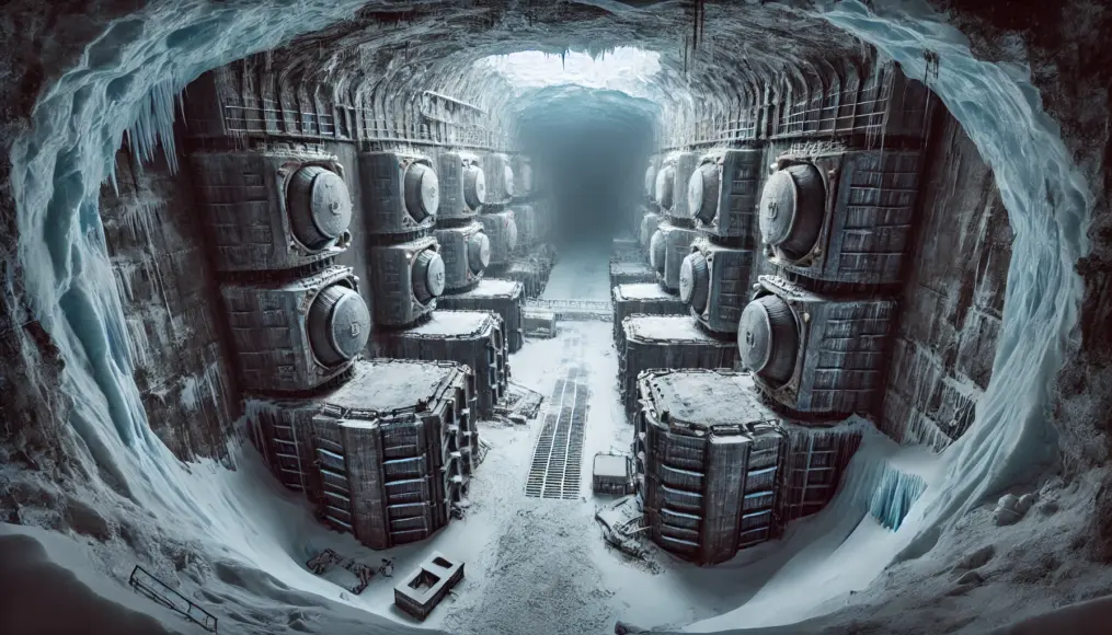 A secret underground facility in Antarctica linked to Nazi Germany. The image shows a vast, abandoned hangar-like structure encased in ice, with rusting metal beams and forgotten corridors