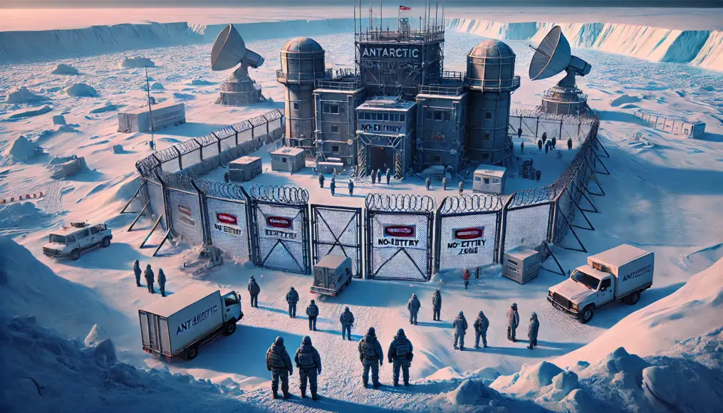 A secured Antarctic entry point. A heavily guarded checkpoint prevents unauthorized access to a classified research area