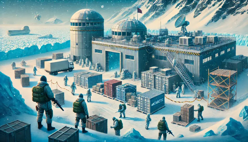 A scene depicting a restricted Antarctic research facility. Scientists hurriedly pack up their equipment while armed personnel oversee the operation