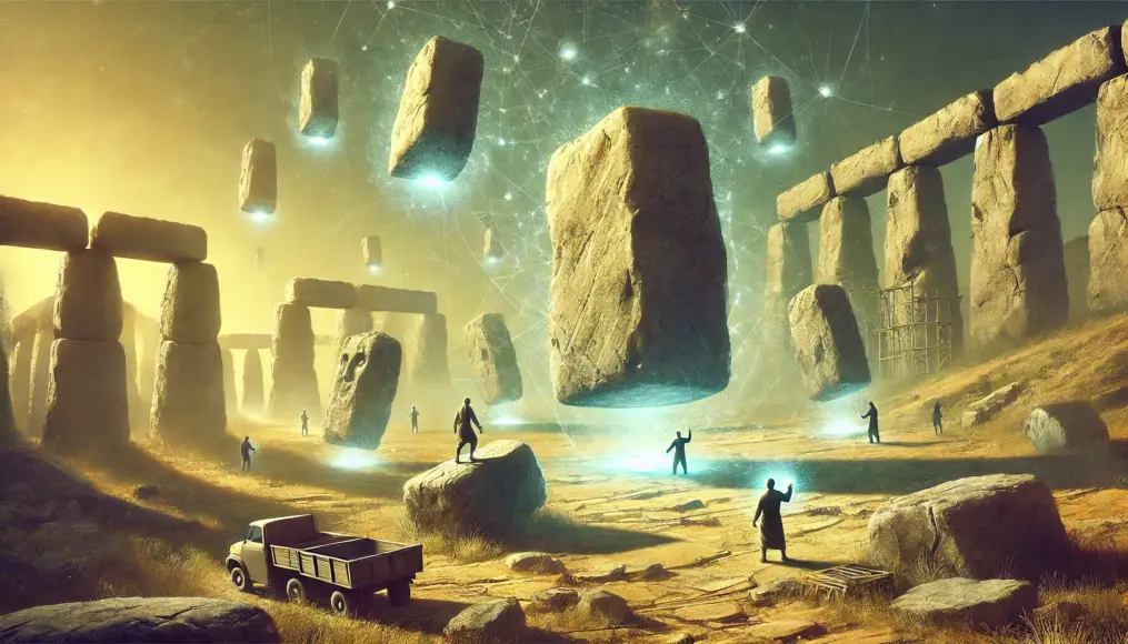 An artistic concept of massive stones floating due to an unknown energy force, with ancient workers guiding them through the air