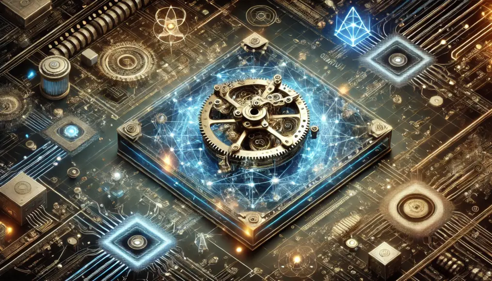 An image symbolizing the potential application of the Antikythera Mechanism in AI and quantum computing. Highlighting its connection to future technologies