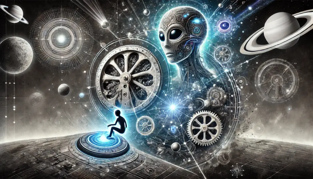 An image symbolizing the hypothesis that alien technology influenced the Antikythera Mechanism. Suggesting contact between extraterrestrials and humans