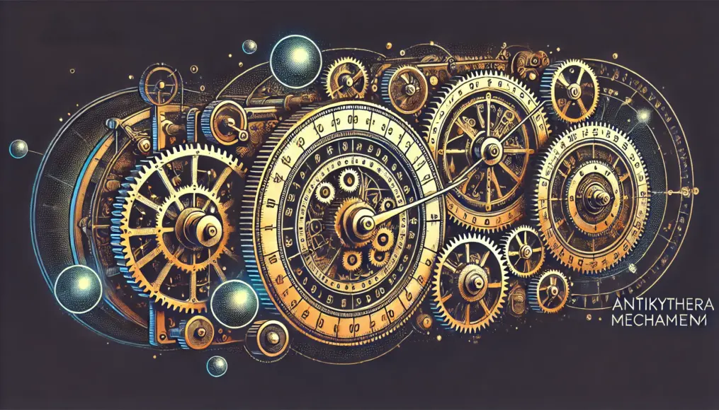 An image showing how the Antikythera Mechanism performs astronomical calculations. Illustrating its use in predicting celestial movements