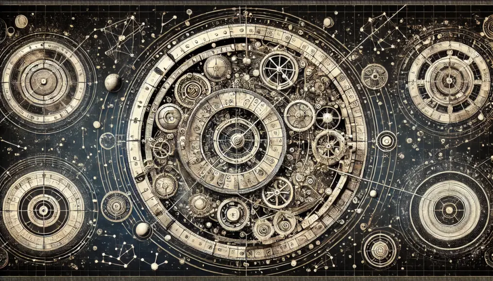 An image symbolizing the reinterpretation of ancient cosmology through the Antikythera Mechanism. Featuring celestial patterns and dials