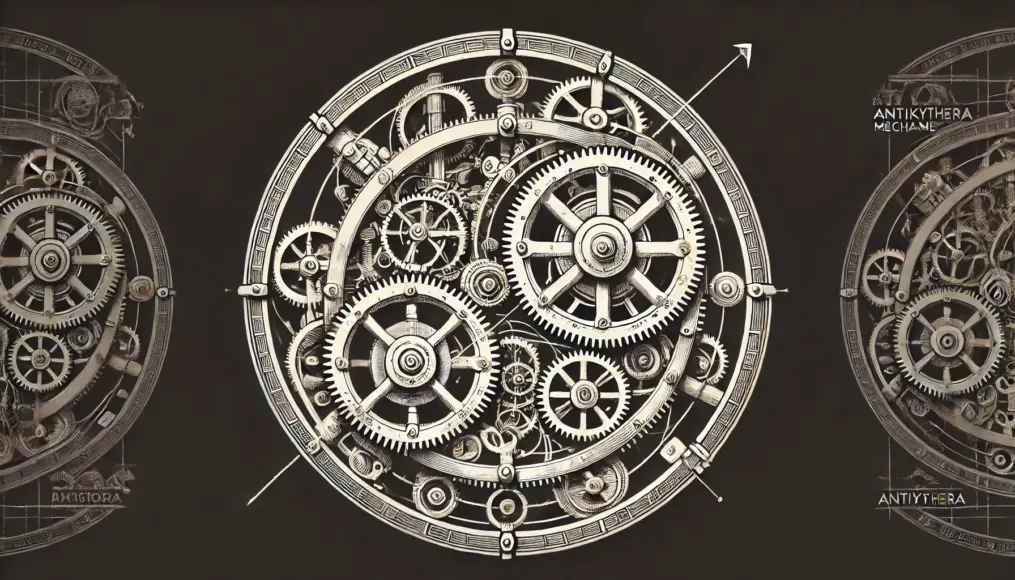 An image showing the intricate gear structure of the Antikythera Mechanism. Explaining how the gears replicate celestial movements