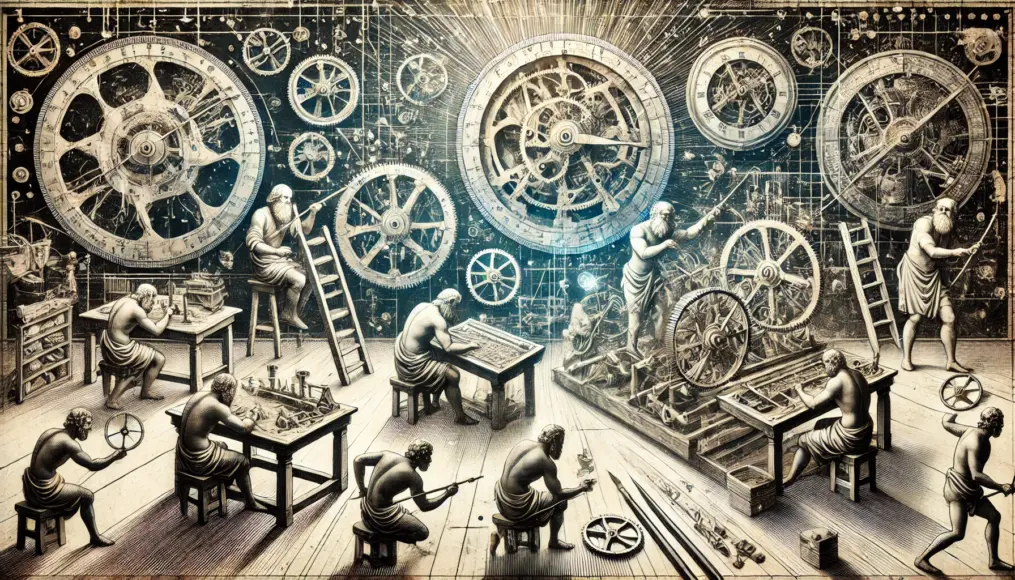 An image depicting ancient Greek engineers creating the Antikythera Mechanism. Symbolizing the moment of invention