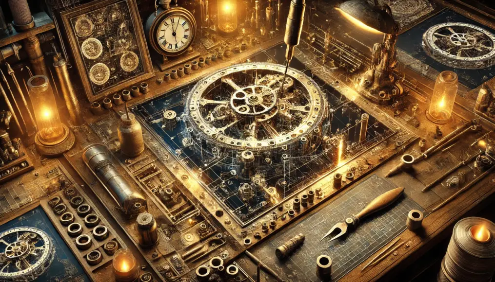 An image recreating the manufacturing process of the Antikythera Mechanism. Symbolizing the advanced ancient metalworking techniques