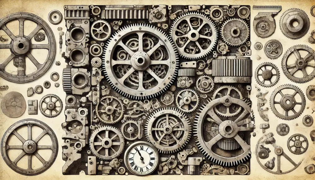 An image depicting the recovered fragments of the Antikythera Mechanism. Detailed representation of gears and dials within the complex structure