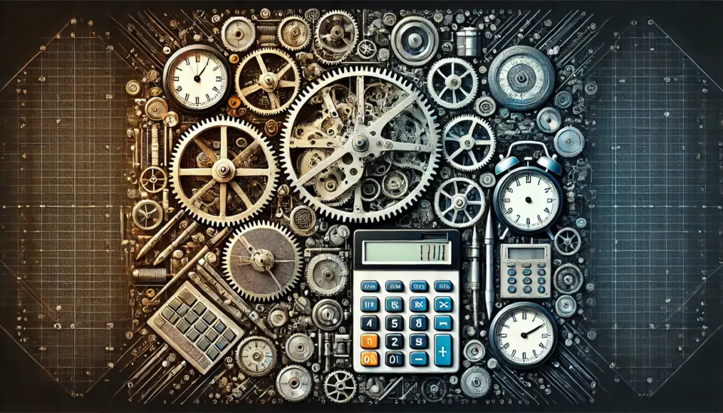 An image symbolizing the comparison between the Antikythera Mechanism and modern technology. The gear structure connecting to modern clocks and calculators