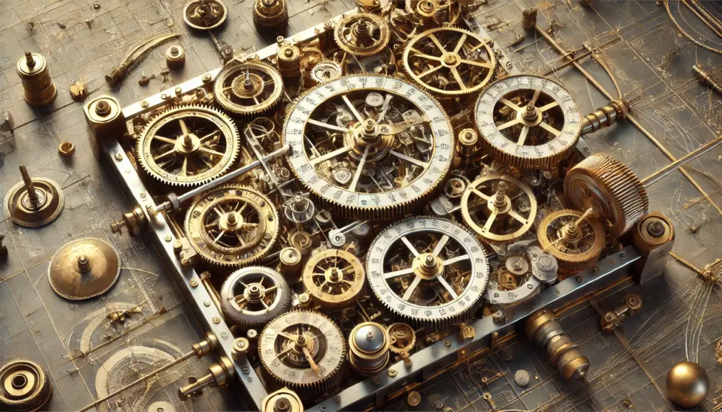 An image depicting the reconstructed model of the Antikythera Mechanism. Demonstrating its design for astronomical calculations