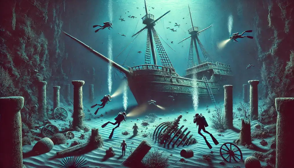 An image depicting the astonishment of the divers who discovered the shipwreck near Antikythera Island. Detailed portrayal of the shipwreck and its surroundings