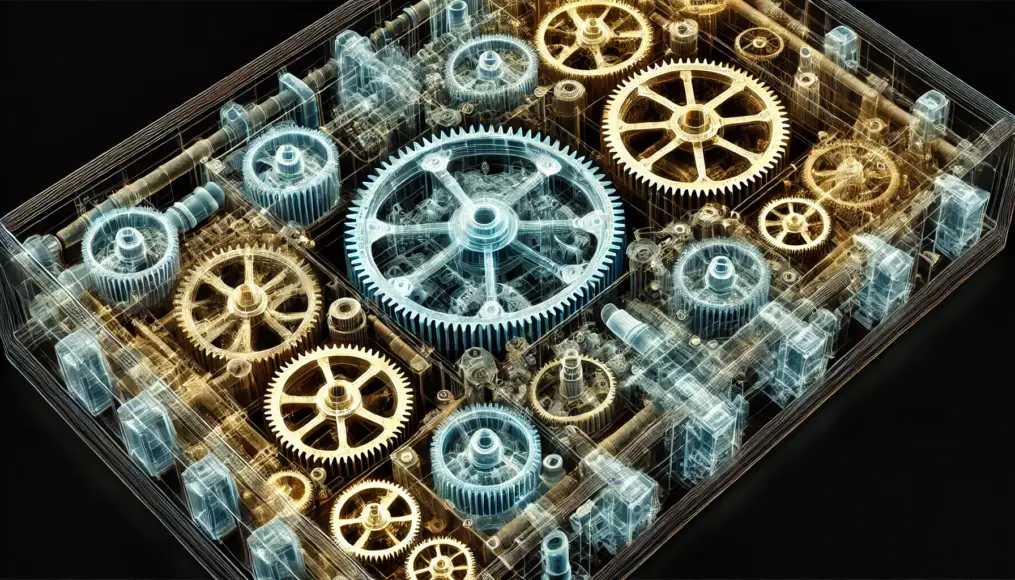 An image depicting the use of X-ray imaging technology to analyze the internal structure of the Antikythera Mechanism. Highlighting the arrangement of gears and internal mechanics