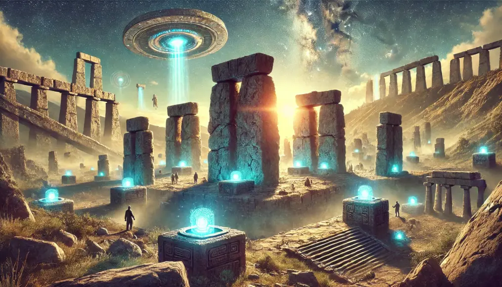 A mythical depiction of Atlanteans or aliens constructing megalithic structures with advanced technology