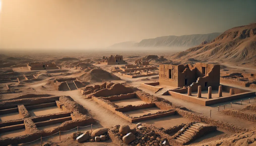 Ruins showing damaged buildings alongside intact structures at Mohenjo-daro