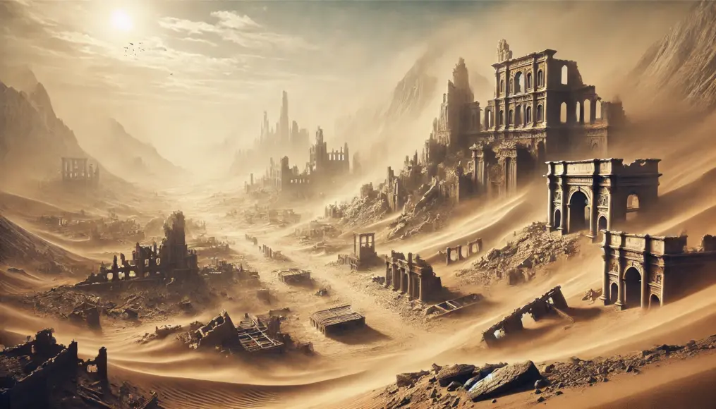 An image illustrating how minor shifts in Earth's axis may have impacted civilizations. A ruined city overtaken by desertification, depicting environmental collapse.